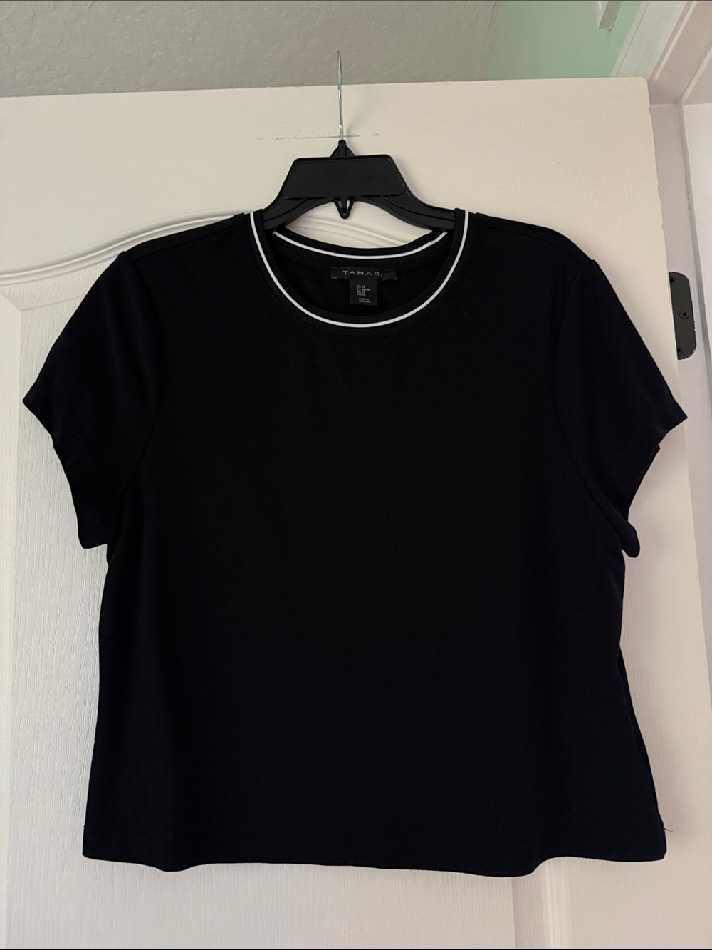 Tahari Black Short Sleeve Tee with White Trim Crewneck